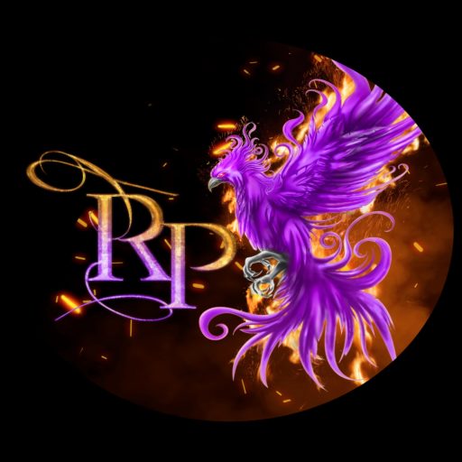 circle logo for R. Phoenix with RP initials and a purple phoenix on a fiery background